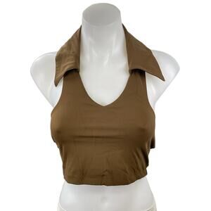 Marby Women's Tan Halter Collared V Neck Yoga Workout Athletic Crop Top Size M
